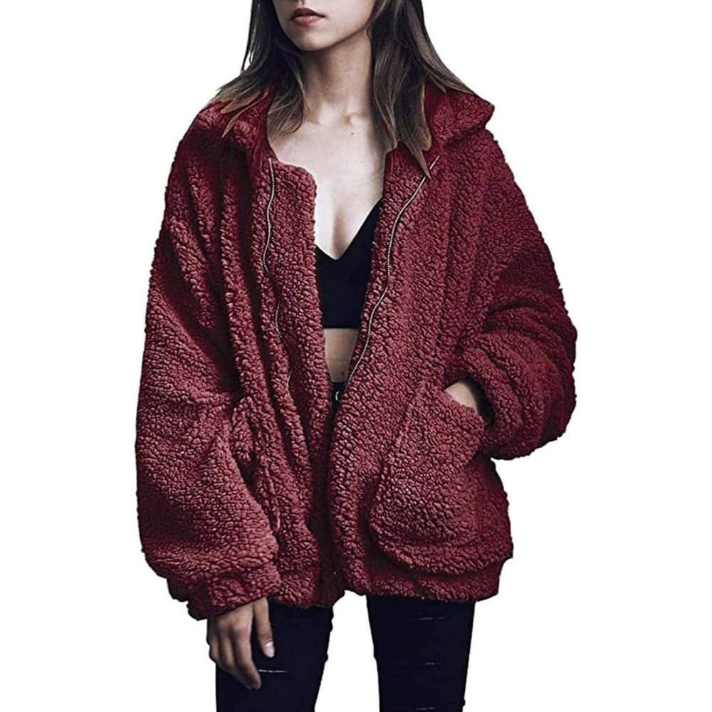 〽️Women's Classic Burgundy Fleece Zipper Oversized Outwear Coat Warm Jacket
